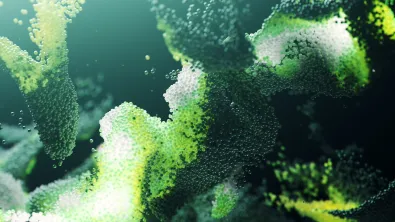 Small green particles twist and turn to form and organic molecule-like structure