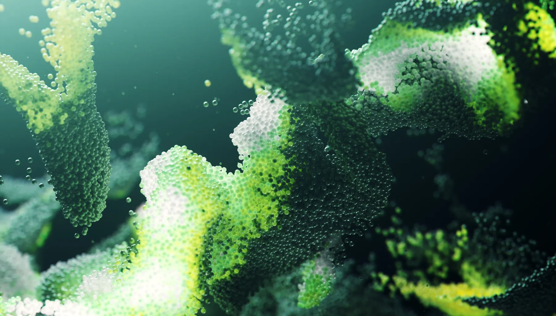 Small green particles twist and turn to form and organic molecule-like structure