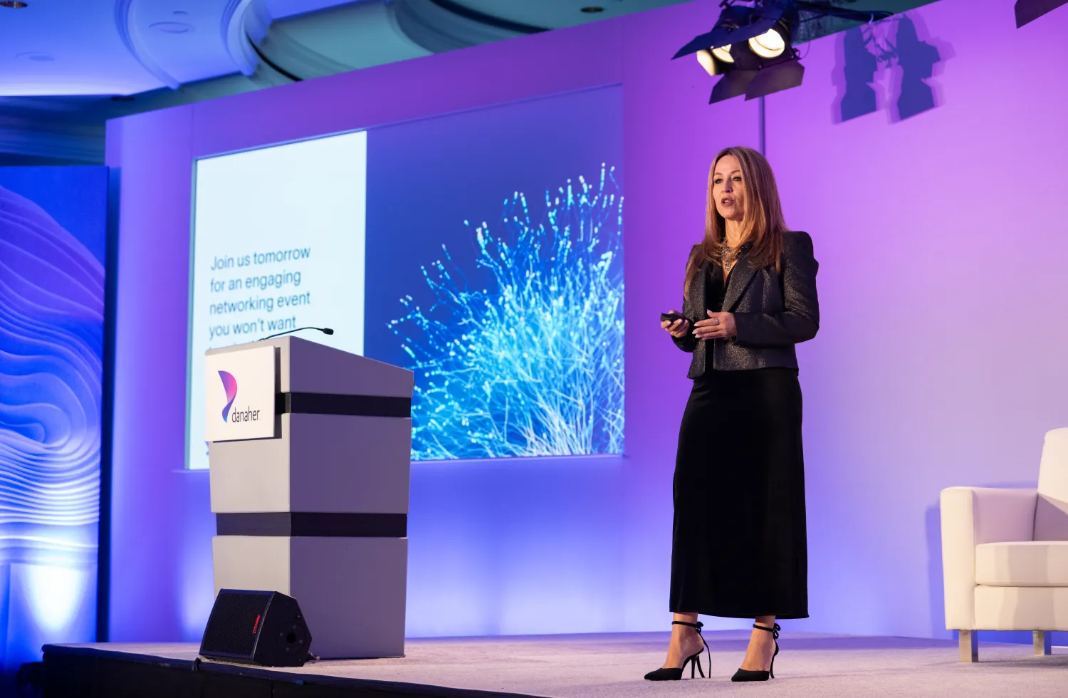 Vanessa Almendro, VP of S&amp;T Innovation, speaks on stage at the 2024 Danaher Summit