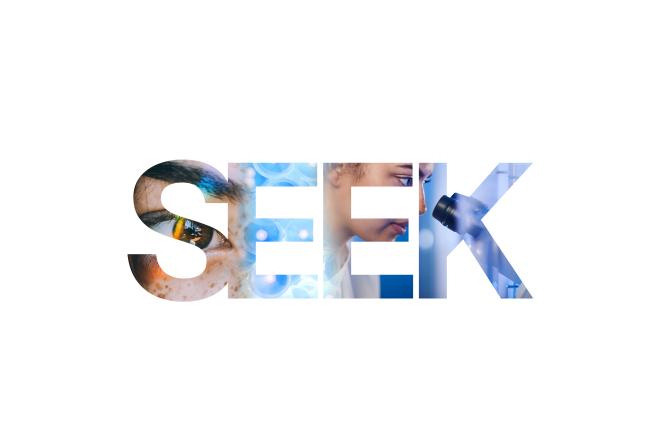 The word SEEK in all capitals with abstract images inside the lettersforms