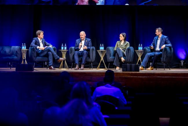 Four people on stage at the 2026 Danaher Summit discuss sustainability in bioprocessing